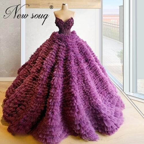 2020 Tiered Puffy Pageant Gowns Custom Beading Evening Dresses For Saudi Arabic Vestido De festa Purple Women Prom Dress Dubai