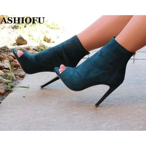 ASHIOFU Handmade New Ladies High Heel Boots Peep-toe Sexy Party Prom Autumn Ankle Boots Shopping Evening Fashion Short Boots