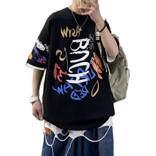 Mens T-shirt casual loose Crewneck T-shirt Men Harajuku Oversized Tees Japanese Streetwear Hip Hop Black T-shirts tops S-3XL