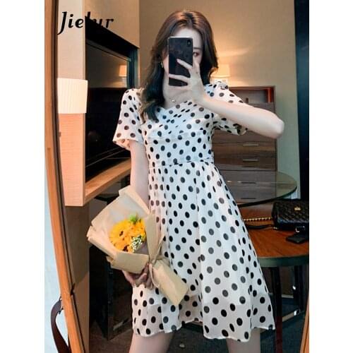 Jielur Polka Dot Elegant Dress Female Summer V-Neck Fashion A-line Dress Casual High Street Lady Vestidos Dresses for Women S-L
