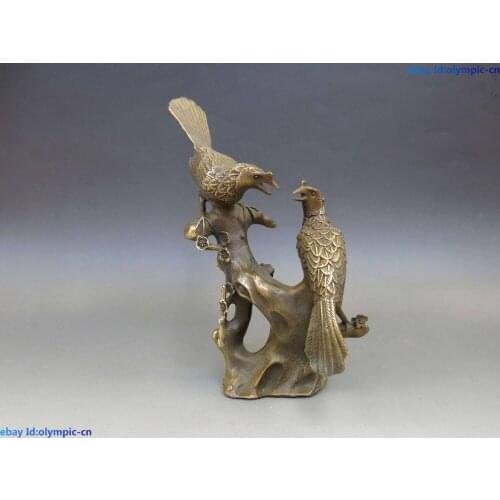 China brass copper Feng Shui carved two Magpies on plum tree Sculpture Statue