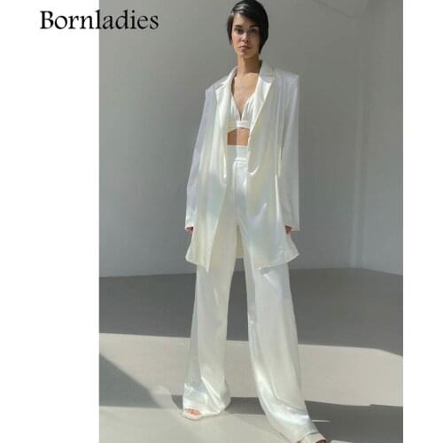 Bornladies Women 3 Pieces Sets Long Sleeve Loose Belt Satin Blazer Coat High Waist Pants Legs Adjustable Pants Female Sexy Set