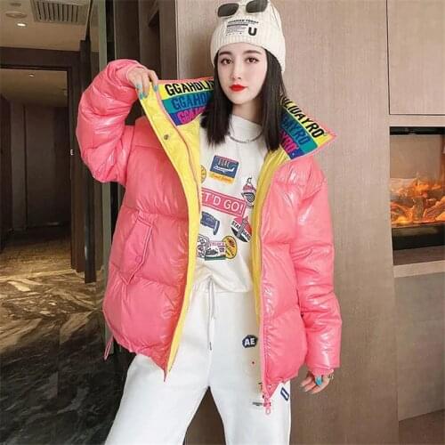 2021 Korean Glossy Down Jackets Winter Warm Down Cotton Coat Parka Women Fashion Stand-up collar Cotton Jacket Coat Zipper Print