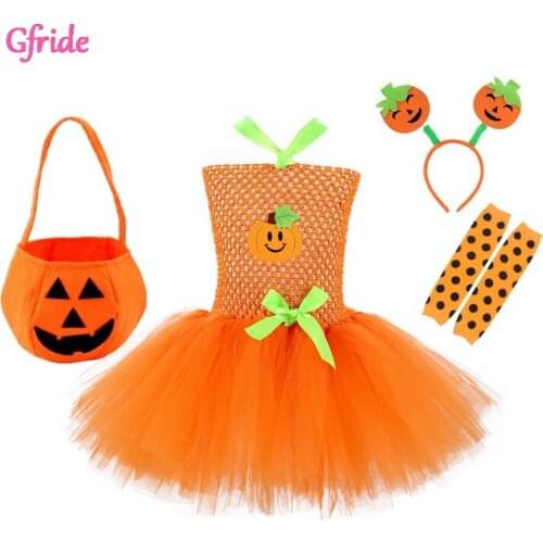 Toddler Girls Halloween Pumpkin Costume Kids Tutu Tulle Dress Headband Socks Cosplay Girl Festival Party Cartoon Dress Orange