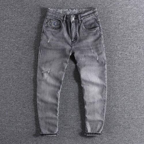 2021 new Classic smoky grey jeans mens trend hole Slim small straight leg American long pants handsome boy wear trouser 0909