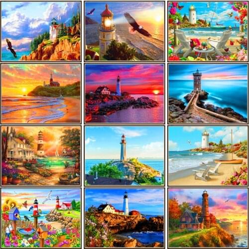 Full round 5D DIY diamond painting lighthouse diamond embroidery kit mosaic seaside landscape home decoration 30*40