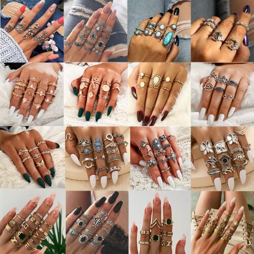 40 Style Rings Set Bohemian Vintage Gold Crescent Geometric Joint Ring Set for Women Crystal Design Ring Set Party Jewelry