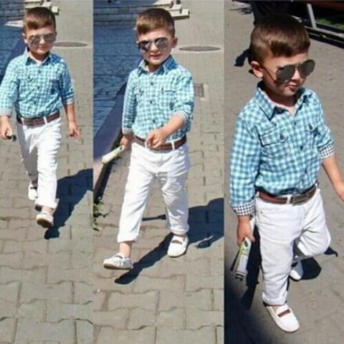 New Boys Plaid Shirt + White Pants 2pcs Clothes Set Boys Long Sleeve Shirts Cool Childrens Clothing Set Costume Crianca Roupas