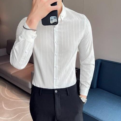 2021 New Striped Shirts Men Long Sleeve Slim Business Formal Dress Shirts Fashion Casual Social Party Streetwear Men Clothing