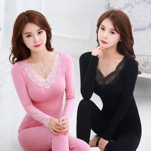 Sexy Lace V-neck Long Sleeve Thermal Body Shaper Underwear Sets for Women Autumn Korean Warm Long John Pajama Sleepwear Bodysuit