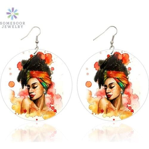 SOMESOOR Both Sides Painting Afro Natural Hair Wooden Drop Earrings African Headwrap Woman Artistic Wood Jewelry For Women Gifts