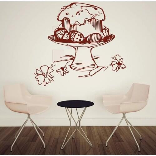 Vinyl Wall Decal Cooking Cafe Easter Cake with Painted Eggs Easter Window Sticker Interior Decor Flowers Creative Art Mural M130