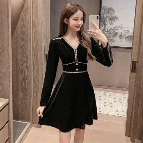Black V-Neck Vintage Velvet Short Mini Dress Women Long Sleeve Autumn Elegant robe femme été vestidos de verano Office Lady XXL