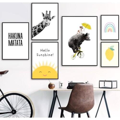 Funny Posters for Living Room Cartoon Animals Dog Bear Giraffe Canvas Painting Interior Lemon Sunshine Home Decor Wall Art