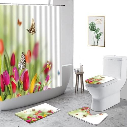 Spring Color Tulip Shower Curtain Butterfly Flower Plant Bathroom Non-Slip Mat Set Toilet Cover Carpet Waterproof Bath Curtains