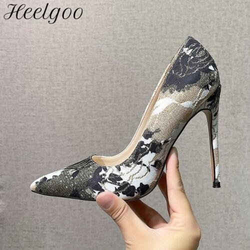 Heelgoo Oil Painting Printed Women Pointy Toe 11cm High Heel Shoes Fashion Designer Ladies Slip On Stiletto Pumps Big Size 35-46