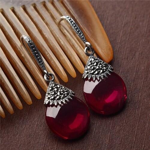 BESTLYBUY S925 Sterling Silver Red Corundum Drop Earrings For Women Wedding Party Vintage Elegant Thai Silver Jewelry