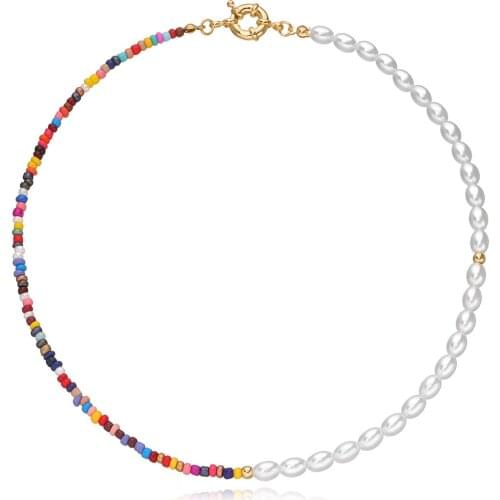 Fashion colorful rice bead womens necklace bohemian pearl womens short necklace party fashion womens Jewelry