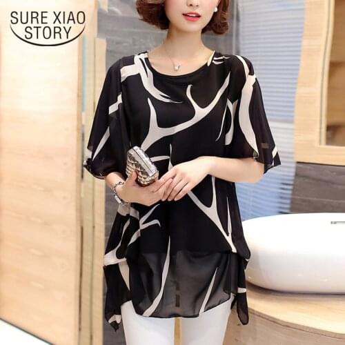 2021 Short Sleeved Chiffon Shirt Woman Casual Fat MM Summer Baggy Shirt XL Print Female Coat Blouse New over Size 60A 30