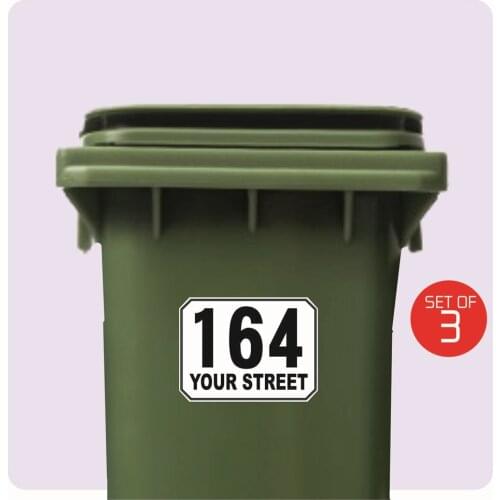 3 x WHEELIE BIN NUMBERS CUSTOM HOUSE & ROAD STREET NAME STICKERS 135X180MM