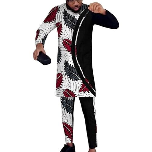 Black/Wax Mix Mens Sets Patchwork Tops+Trouser Customizd African Fashion Pant Suits Wedding Party Outfits