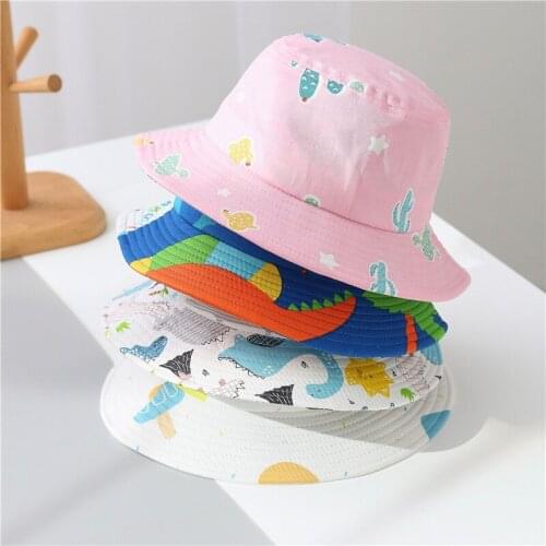 2021 Spring Children Hat Lovely Cartoon Dinosaur Kids Girl Boy Bucket Hat Summer Beach Sunhat for Toddler Baby Bonnet Beanie Cap