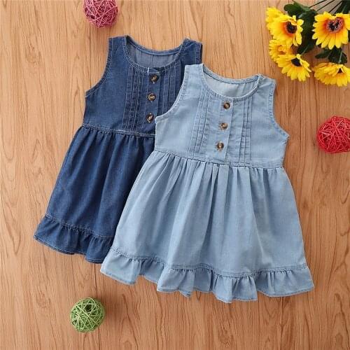 Baby Girls Denim Dress Solid Color Sleeveless O-neck Buttons Girls Party Dress Summer Casual Baby Girl Clothing Kids Dresses