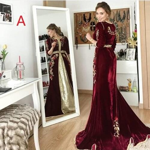 Elegant Burgundy Morrocan Caftan Evening Dresses 2020 Beautiful Gold Lace Velvet Muslim Prom Dress Dubai Abaya Formal Party Gown