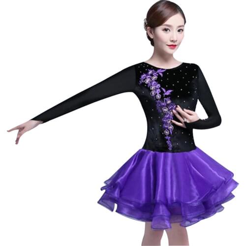 Customized new performance latin dance costumes long sleeve pleuche Cha cha/Rumba/Samba/ orange purple latin dance dresses
