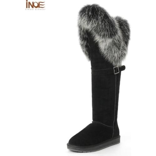 INOE 2021 New Fashion Luxurious Long Arctic Fox Fur Winter Snow Boots For Women Cow Suede Leather Waterproof Warm Shoes Black