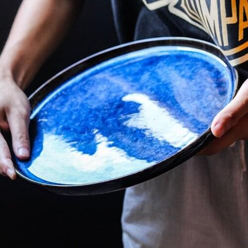 KINGLANG Ceramic Retro Porcelain Blue Color Plates Flat Plate Display Cake Beaf Dish Tableware