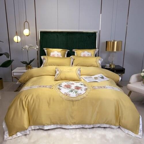 Yellow Pink Green Chinese Style Floral Embroidery 60S Satin Like Silk Bedding Set Duvet Cover Bed Linen Fitted Sheet Pillowcases