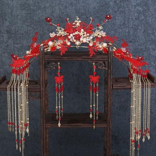 Chinese-style red bride tiara flower wedding hair decoration ancient wind dragon phoenix ancient bridal hair accessories
