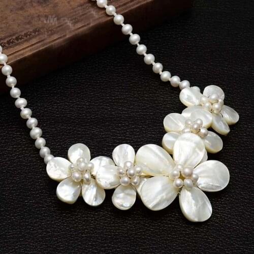 LJHMY Boho Natural Freshwater Pearl White Sea Shell Flower Statement Necklace Pearl Necklace Pendant Necklace Bohemia