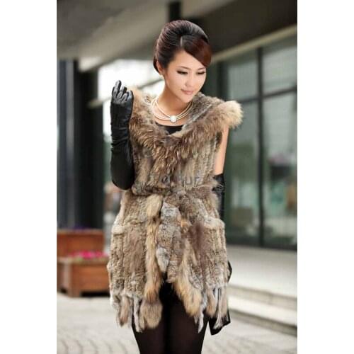 Real Long Knitted Rabbit Fur Vest Raccoon Fur Collar With Hooded Tassels Gilet