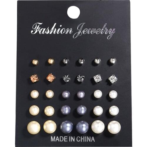 Fashion 15 pairs/set Crystal Simulated Pearl Earrings Set Women Jewelry Piercing Ball Stud Earrings Brincos Wedding Gift