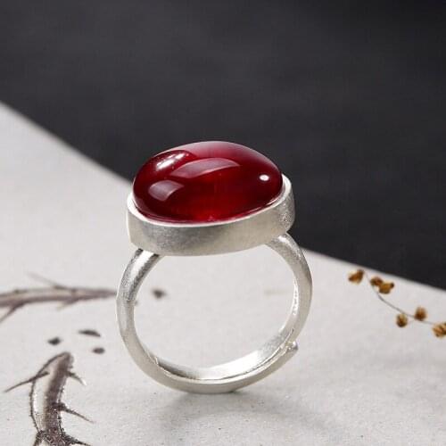New Arrival silver S990 pure silver simple high-grade red corundum matte, old open Sterling Silver Lady ring wholesale ring