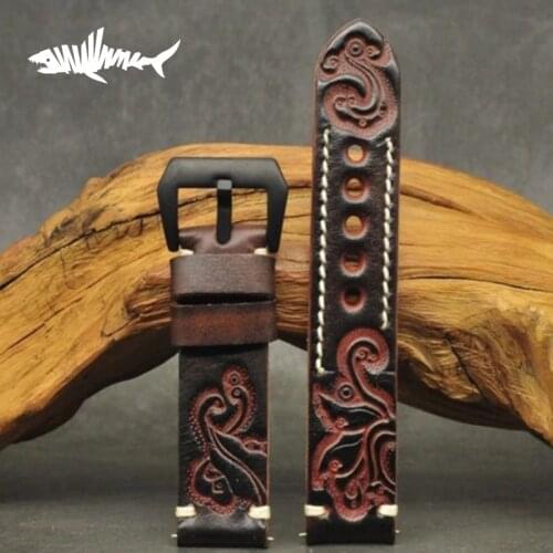 Heimdallr Cowhide Strap Leather Tree Cream Leather Carved Vintage Old Pattern Black Strap Suitable For Flat 18mm20mm22mm24mm