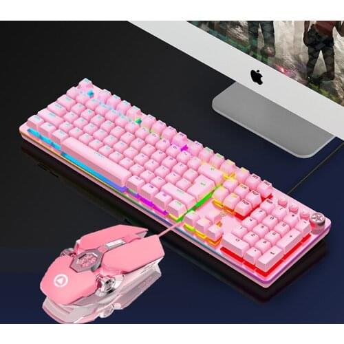 Pink Real Mechanical Keyboard and Mouse Set with Blue Switch Cute Girls E-sports Gamer Computer Peripherals Keyboard
