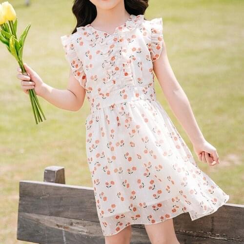 Chiffon Sleeveless Girls Short Dress Blue Floral Tulle Princess Girls Dress Boutique Outfits Robe Enfant Children Clothes BW50DR