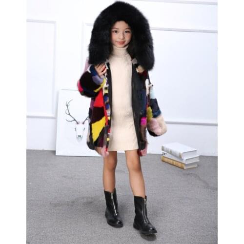 NEW real genuine natural kids mink fur coat with fox fur hood child fashion multicolor colorful fur jacket girls outwear