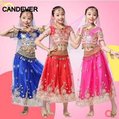 Girls Bollywood Dance Costume Set Kids Belly Dance Indian Sari Children Chiffon Outfit Halloween Top Belt Skirt Veil Headpiece