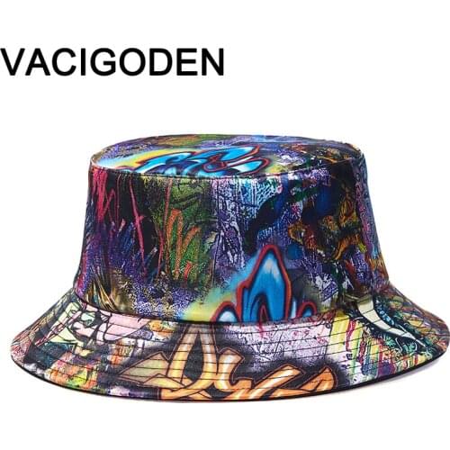 VACIGODEN Women Reversible Bucket Hat Graffiti Printed Mixed Colors Sunbonnet Fedoras Outdoor Chapeau Fisherman Caps De Pescador