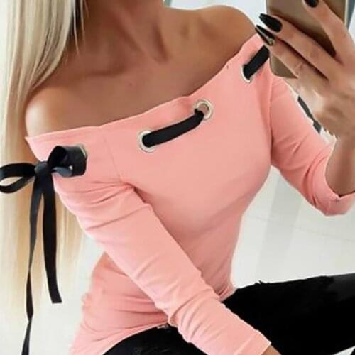 Women Sexy Long Sleeve Off Shoulder Hollow Out Bowknot Bandage Slim T-shirt Tops Tees For Women 2020 Fashion