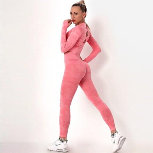 Women Sportswear Sexy Camouflage Knitted Yoga Sets 2 Pcs Long Sleeve T-Shirt+Push Up Leggings Running Suits Energy Seamless Sets