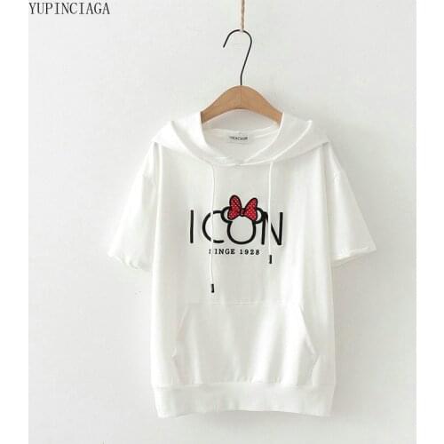 Womens Letter Embroidery Hooded Sweatshirt Short Sleeve Hoodies 2020 Summer Sweet Style Cute Tracksuit Hoodies Teen Pullovers