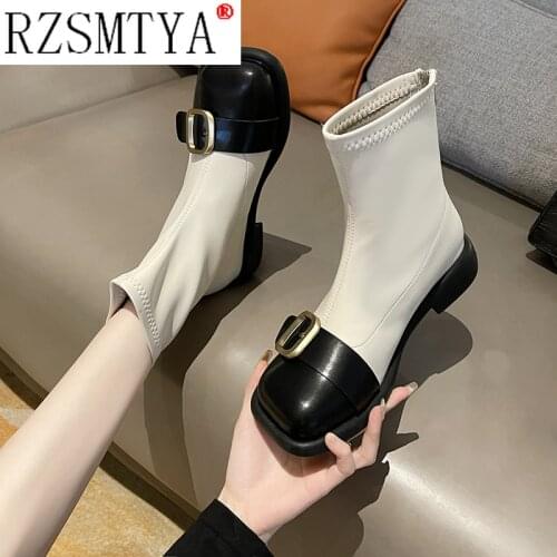 2020 Women Boots Autumn New Black White Ankle Boots Fashion Square Toe Ankle Boots Comfortable Low Heel Ladies Shoes boots