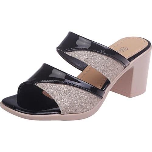 New Style Female Korean Style Block Heel Semi-high Heeled Simple Open-Toe Sandals Outer Wear High Heels Fashion Slipper ykj-yx