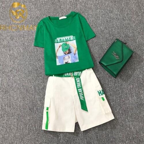 New Summer Office Ladies 2 piece set Printed Letter Short Sleeve T-Shirt Top And High Waist Shorts Suit With Blelt
