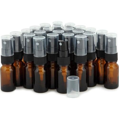 Free Shipping 5pcs 10ml Amber Glass Bottles with Black Fine Mist Sprayers and Dust Caps for essential oils, perfume oils